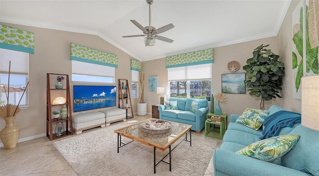 living room with ceiling fan, vaulted ceiling, crown molding, and light tile patterned floors