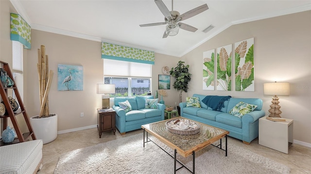 living room with ceiling fan, vaulted ceiling, crown molding, and light tile patterned floors