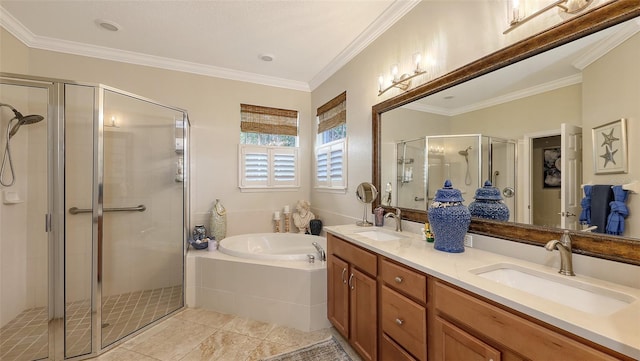 bathroom featuring shower with separate bathtub, ornamental molding, tile patterned floors, and vanity