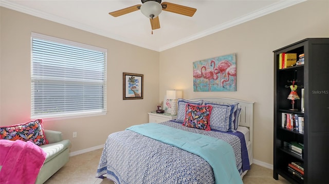 bedroom with ceiling fan and crown molding