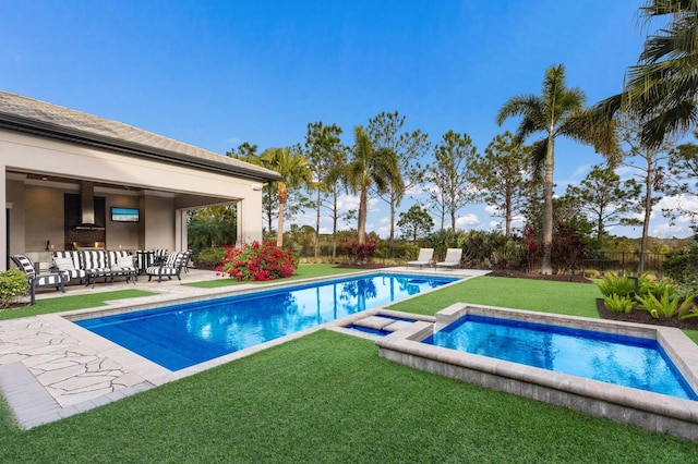 view of swimming pool featuring an outdoor living space, an in ground hot tub, a patio, and a yard