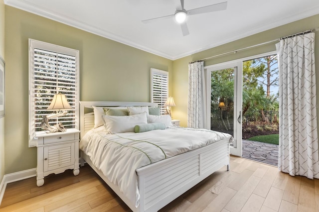 bedroom featuring ornamental molding, light wood-type flooring, ceiling fan, and access to outside