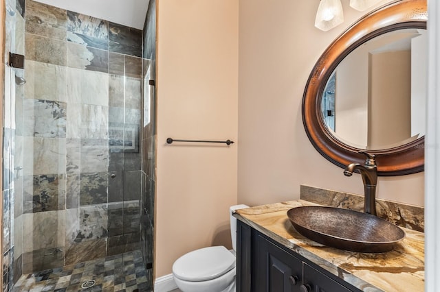 bathroom featuring a shower with door, toilet, and vanity