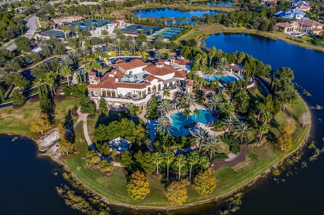 aerial view featuring a water view