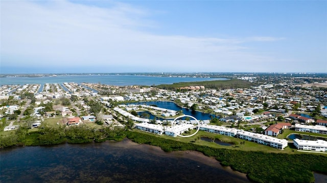 bird's eye view with a water view