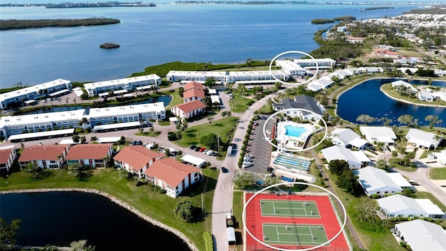 aerial view featuring a water view