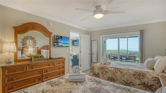 bedroom featuring access to outside, ornamental molding, a ceiling fan, and tile patterned flooring