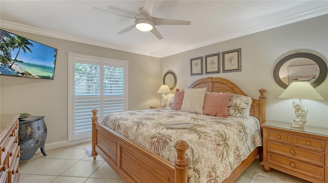 bedroom featuring light tile patterned floors, crown molding, baseboards, and a ceiling fan