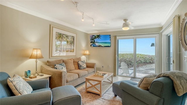 5311 Gulf Of Mexico Dr Unit 3, Longboat Key, FL 34228 - living room featuring crown molding and ceiling fan