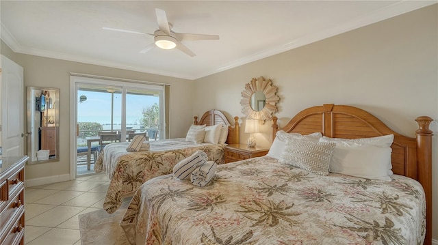 5311 Gulf Of Mexico Dr Unit 3, Longboat Key, FL 34228 - bedroom featuring access to exterior, crown molding, light tile patterned floors, and a ceiling fan