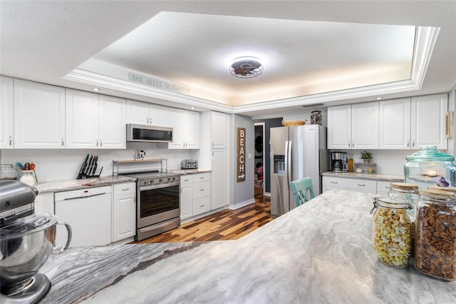 kitchen featuring a tray ceiling, white cabinets, light hardwood / wood-style floors, and appliances with stainless steel finishes