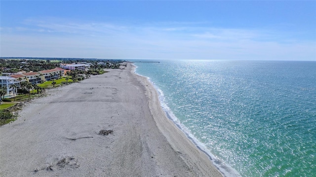 drone / aerial view with a water view and a view of the beach