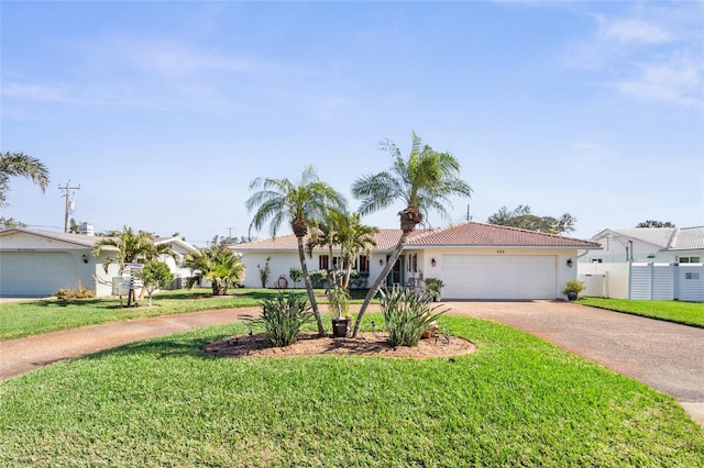 ranch-style house featuring a front yard, driveway, a tile roof, and a garage