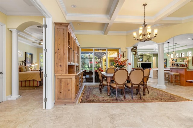 dining area with beamed ceiling, ceiling fan with notable chandelier, crown molding, and coffered ceiling