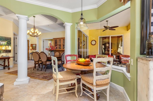 tiled dining room featuring ornate columns, ornamental molding, coffered ceiling, ceiling fan with notable chandelier, and beam ceiling