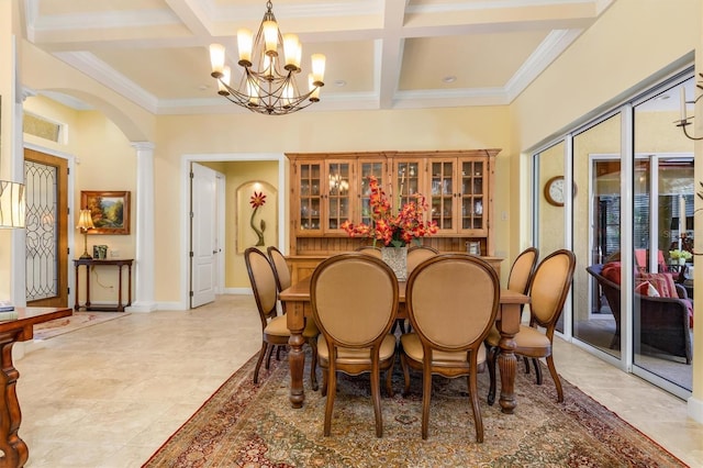 dining space featuring beam ceiling, ornate columns, a chandelier, and coffered ceiling