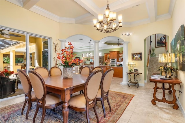 dining space with ceiling fan with notable chandelier, beam ceiling, decorative columns, and coffered ceiling