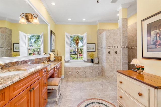 bathroom featuring independent shower and bath, vanity, tile patterned floors, and ornamental molding