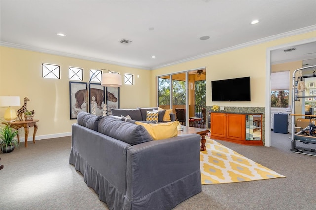 living room with carpet and ornamental molding