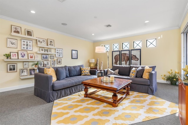 carpeted living room with ornamental molding