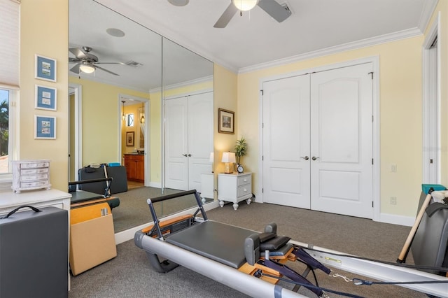 workout area with carpet flooring, ceiling fan, and ornamental molding