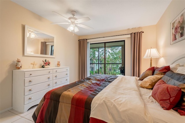 bedroom featuring access to exterior, ceiling fan, and light tile patterned floors