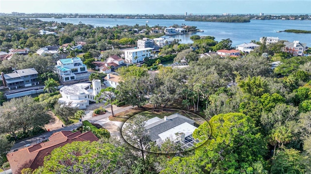 drone / aerial view featuring a water view