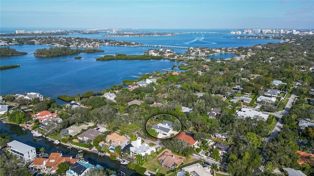 drone / aerial view featuring a water view