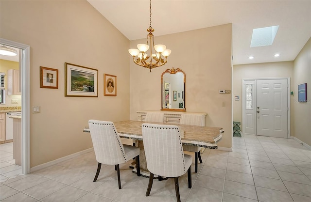 tiled dining room featuring vaulted ceiling and a notable chandelier