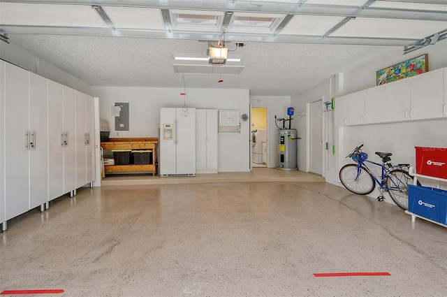 garage with electric panel, electric water heater, a garage door opener, washer / clothes dryer, and white fridge with ice dispenser