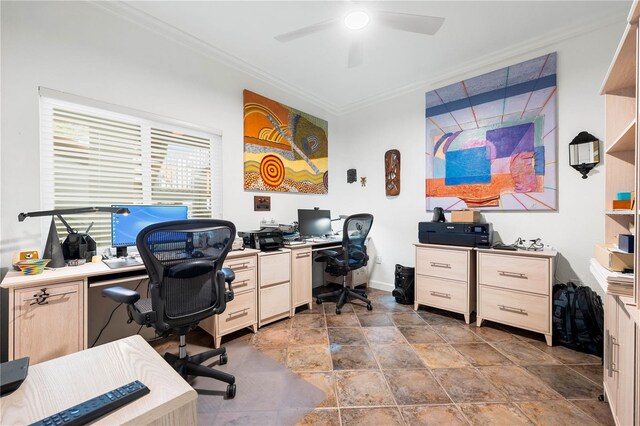 office area with ceiling fan and crown molding