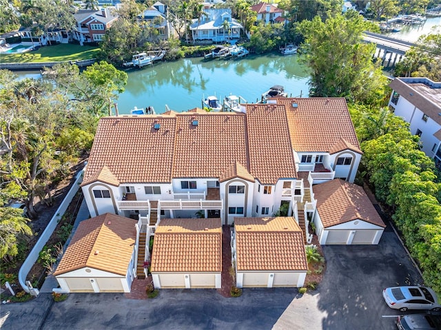 drone / aerial view with a water view