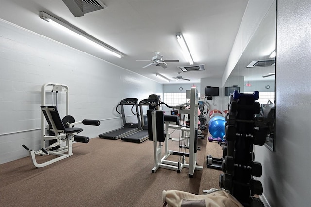 workout area with ceiling fan