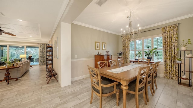 dining area with ceiling fan with notable chandelier