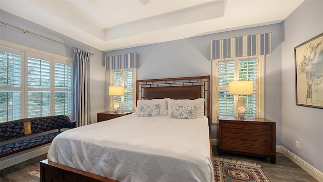 bedroom featuring ceiling fan, a tray ceiling, and dark hardwood / wood-style floors