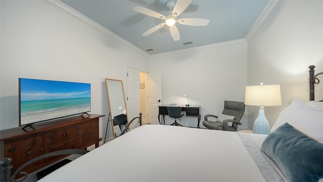 bedroom with ornamental molding and ceiling fan