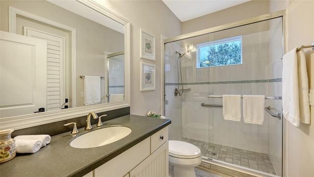 bathroom with toilet, walk in shower, and vanity