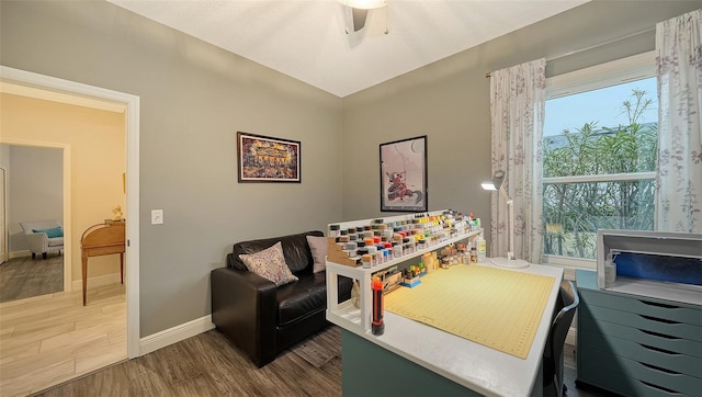 playroom featuring ceiling fan and wood-type flooring