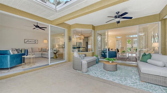 view of patio / terrace featuring an outdoor hangout area, ceiling fan, and french doors