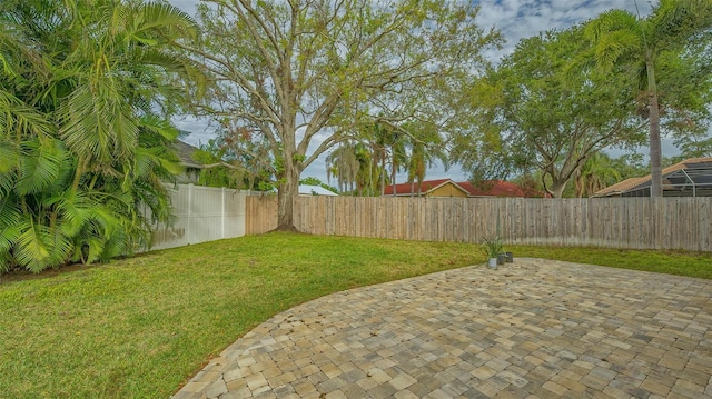 view of yard featuring a patio area and a fenced backyard