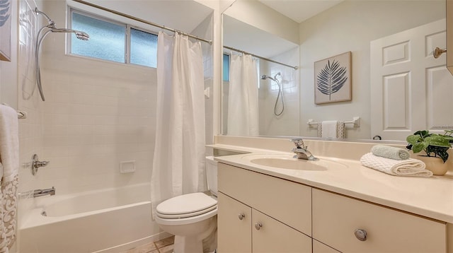 full bath with shower / bath combination with curtain, tile patterned flooring, vanity, and toilet