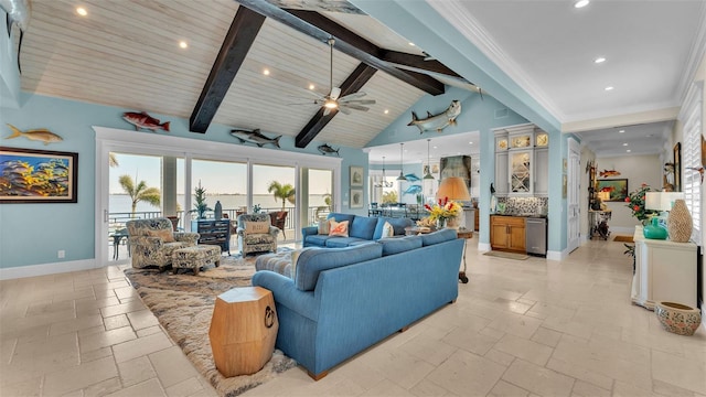 living room with beam ceiling, ceiling fan, and high vaulted ceiling