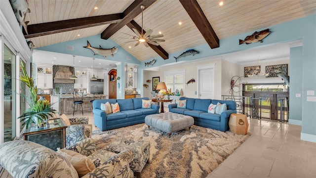 living room featuring wooden ceiling, ceiling fan, french doors, high vaulted ceiling, and beam ceiling