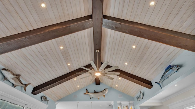 interior details with ceiling fan, wooden ceiling, and beam ceiling