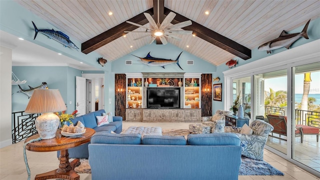 living room featuring ceiling fan, wooden ceiling, high vaulted ceiling, and beamed ceiling