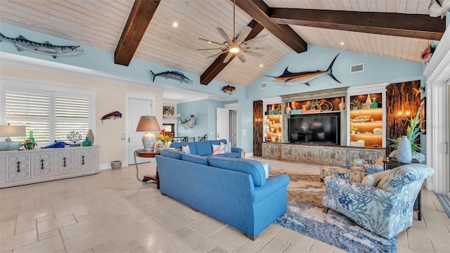 living room with high vaulted ceiling, wooden ceiling, ceiling fan, and beam ceiling