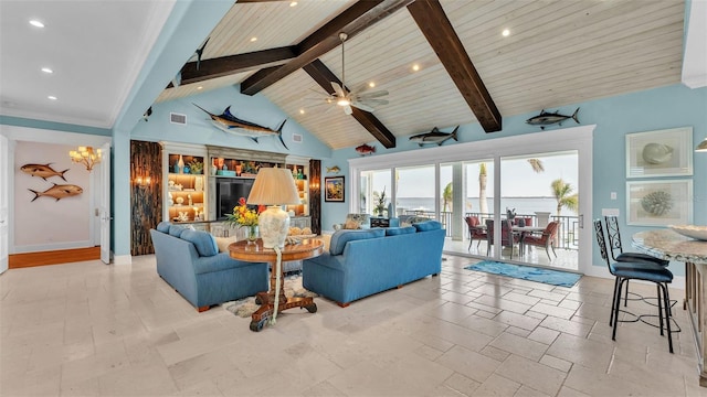 living room featuring high vaulted ceiling, wooden ceiling, ceiling fan, and beam ceiling