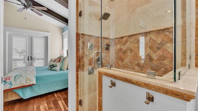 interior space with ceiling fan and hardwood / wood-style floors