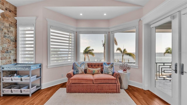 living area with hardwood / wood-style floors and a healthy amount of sunlight