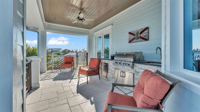 sunroom / solarium with sink, wooden ceiling, and ceiling fan